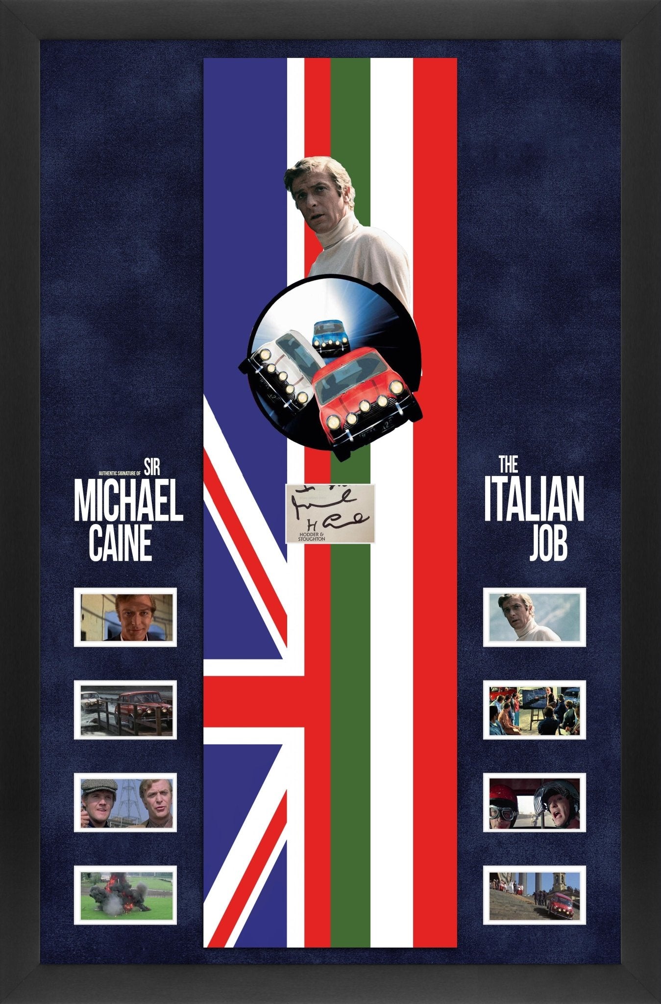 Michael Caine The Italian Job Signed White Card Framed Display - Memorabilia Framers Shop